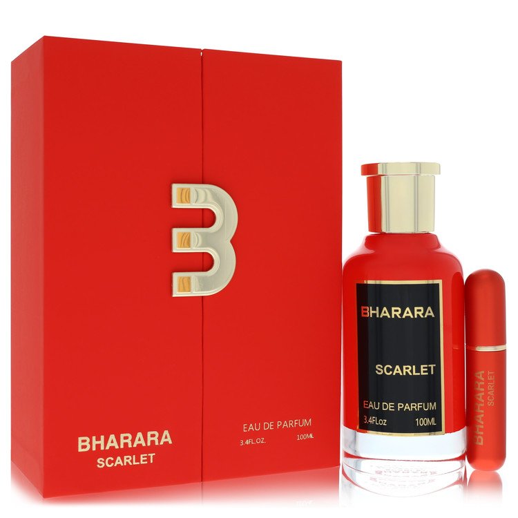 Bharara Scarlet Eau de Parfum bottle — floral oriental women's perfume with mandarin orange, black currant, jasmine, rose, vanilla, and musk notes.