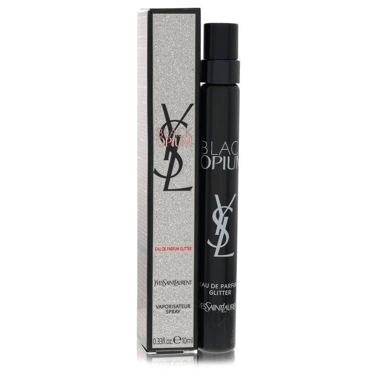 Yves Saint Laurent Black Opium Glitter Edition bottle — luxury women's gourmand fragrance featuring unique notes of roasted coffee, orange blossom, and marshmallow