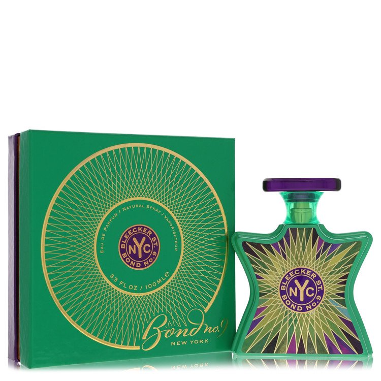 Bond No. 9 Bleecker Street Eau de Parfum bottle - Unisex woody amber fragrance with blueberry, cassis, thyme, violet leaf, cedar, jasmine, cinnamon, caramel, vanilla, patchouli, amber, oakmoss, and suede