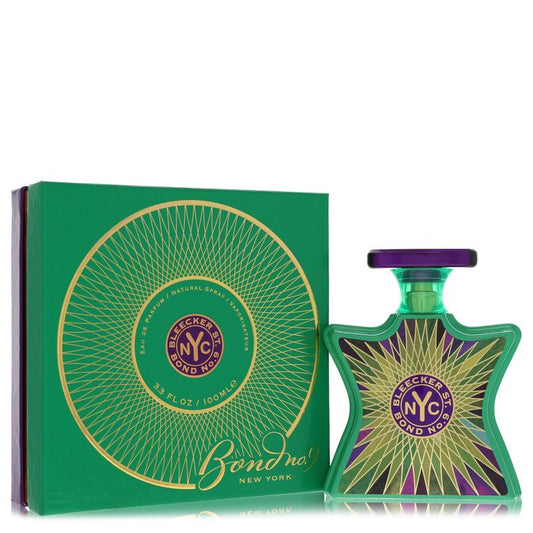 Bond No. 9 Bleecker Street Eau de Parfum bottle - Unisex woody amber fragrance with blueberry, cassis, thyme, violet leaf, cedar, jasmine, cinnamon, caramel, vanilla, patchouli, amber, oakmoss, and suede