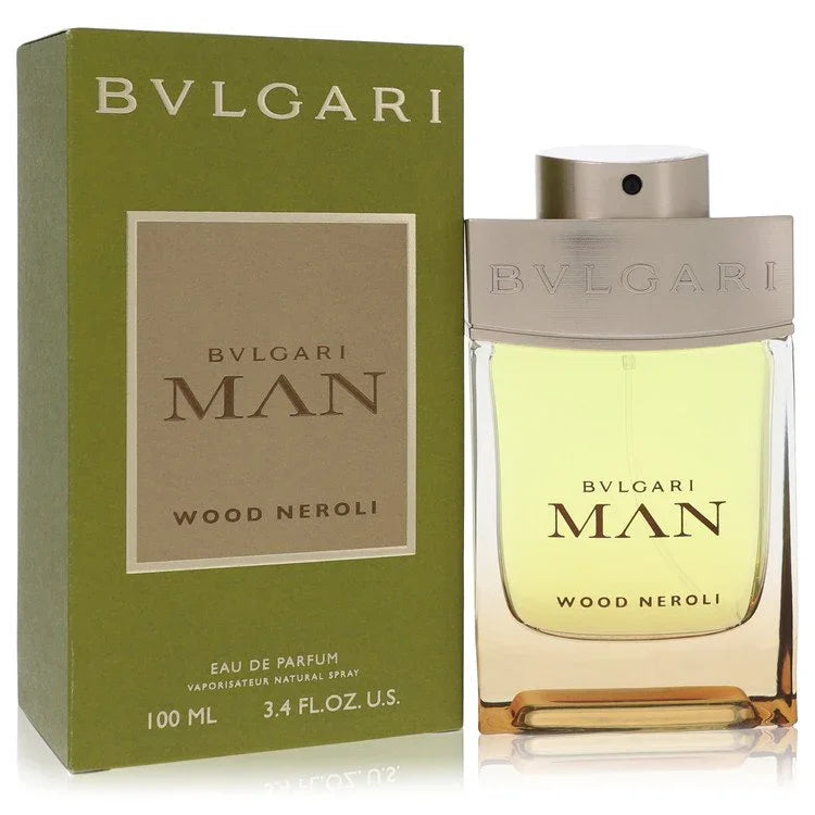 Bulgari Man Wood Neroli perfume bottle and packaging on a white background