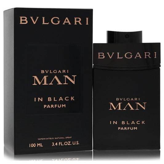 Bulgari Man in Black perfume bottle and packaging on a white background