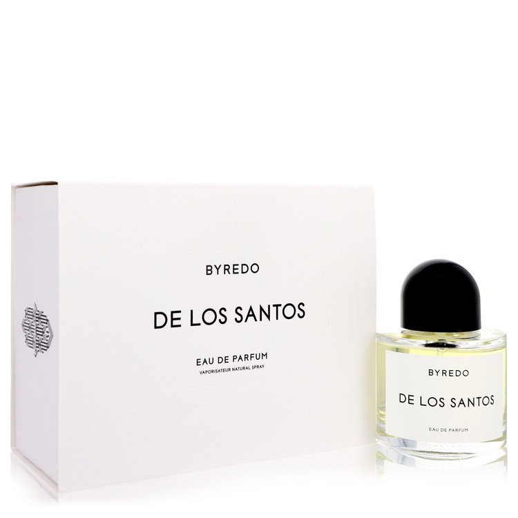  3.3 oz Byredo De Los Santos Eau de Parfum bottle — aromatic woody floral unisex perfume with clary sage, mirabelle, cistus, orris, musk, ambroxan, and palo santo notes.