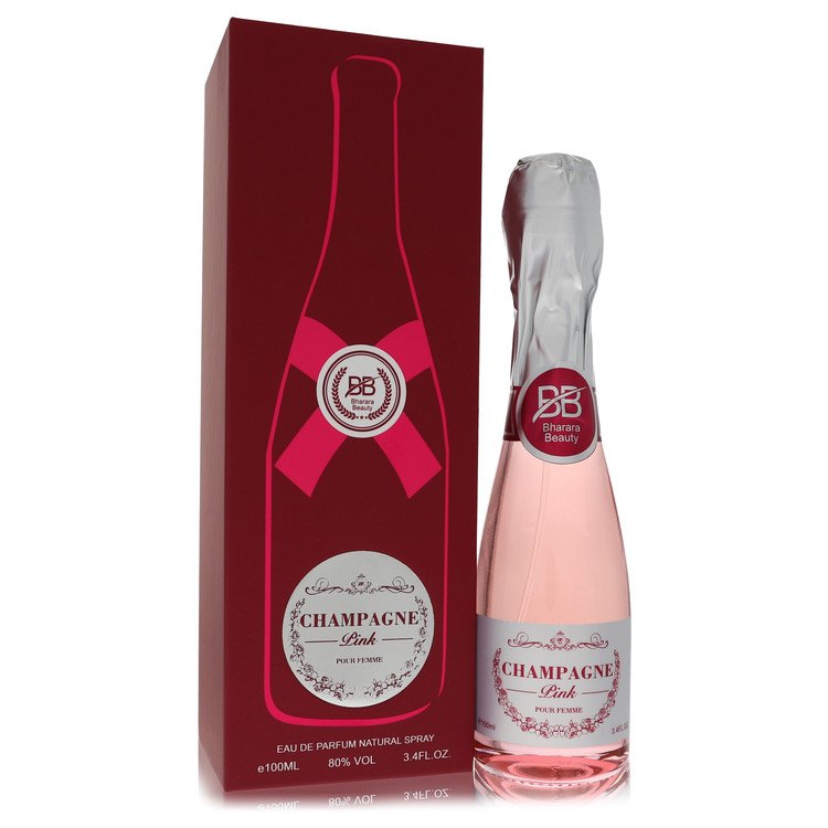 Bharara Champagne Pink Pour Femme Eau de Parfum bottle with jasmine, rose, caramel, tuberose, amber and vanilla