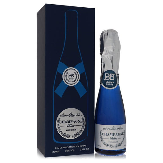 Bharara Champagne Blue Eau de Toilette bottle — aquatic citrus floral fragrance with citrus, sea breeze, bergamot, lavender, jasmine, water lily, amber, white musk, and sandalwood notes.