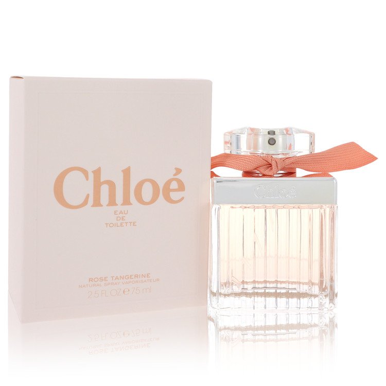 Chloé Rose Tangerine Eau de Toilette bottle — floral fruity women's fragrance with tangerine, blackcurrant absolute, white rose, cedarwood and white amber in peach pleated bottle with orange-pink ribbon
