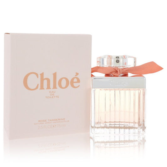 Chloé Rose Tangerine Eau de Toilette bottle — floral fruity women's fragrance with tangerine, blackcurrant absolute, white rose, cedarwood and white amber in peach pleated bottle with orange-pink ribbon
