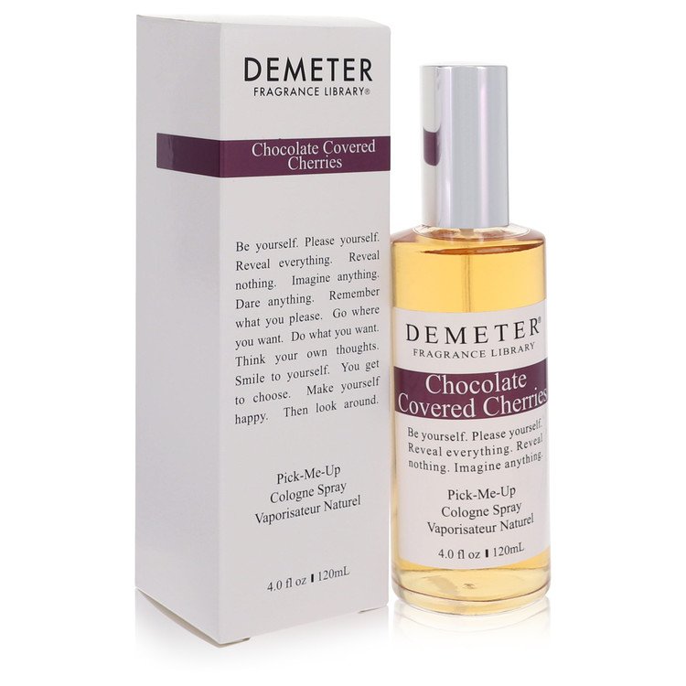 Demeter Chocolate Covered Cherries cologne spray bottle and packaging on a white background