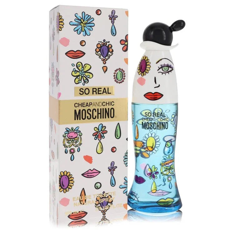 Moschino perfume bottle and packaging with colorful designs on a white background