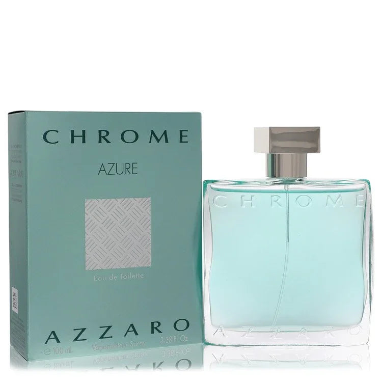 Azzaro Chrome Azure perfume bottle and packaging on a white background