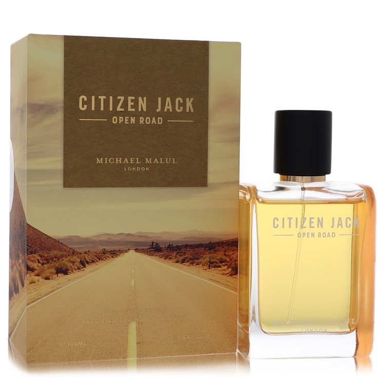Michael Malul Citizen Jack Open Road Eau de Parfum bottle — woody aromatic men's cologne with bergamot, mandarin, pink pepper, lavender, violet leaf, geranium, moss, amber, and cedarwood notes.