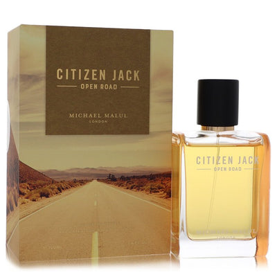 Michael Malul Citizen Jack Open Road Eau de Parfum bottle — woody aromatic men's cologne with bergamot, mandarin, pink pepper, lavender, violet leaf, geranium, moss, amber, and cedarwood notes.