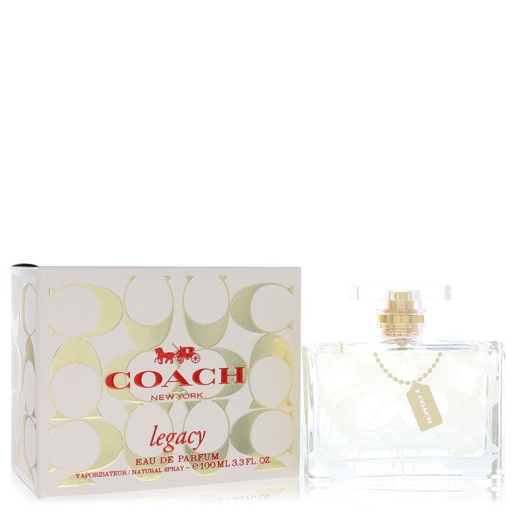 Alt Text: Coach Legacy Perfume bottle — white floral amber citrus fragrance with freesia, bergamot, mandarin zest, honeysuckle, gardenia, vanilla, cedarwood and amber