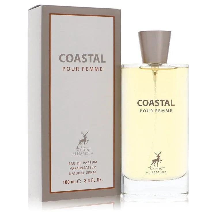 Maison Alhambra Coastal Pour Femme Eau de Parfum bottle — fresh aromatic aquatic perfume with bergamot, sweet fig leaf, cardamom, sea notes, jasmine, violet leaf, musk, cypress, and cedar notes.
