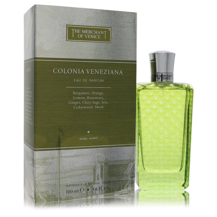 The Merchant of Venice Colonia Veneziana Eau de Parfum bottle - Men's citrus aromatic fragrance with lemon, rosemary, bergamot, orange, ginger, clary sage, iris, cedar, and musk