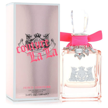 3.4 oz Juicy Couture Couture La La Eau de Parfum bottle with mandarin, green apple, red currant, orange blossom and musk