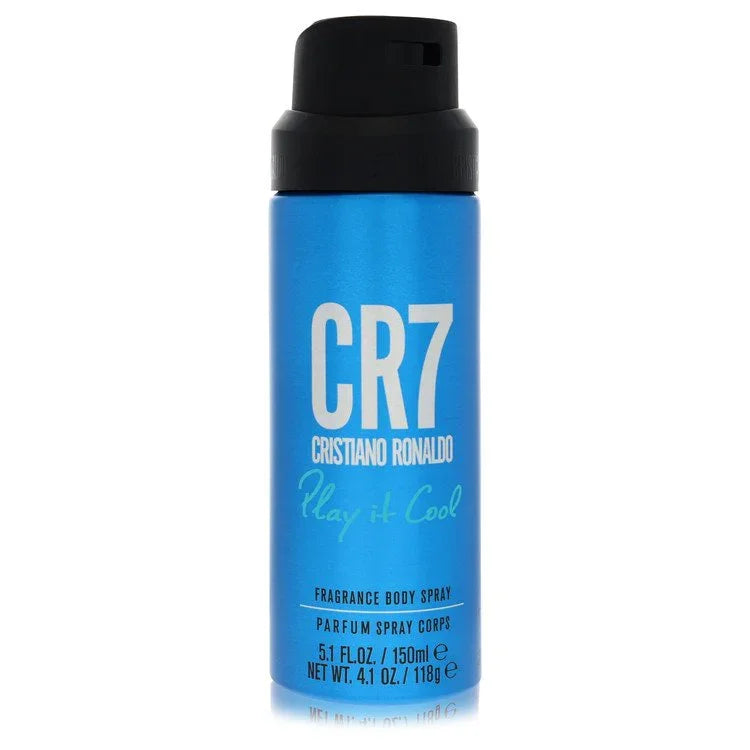 Blue CR7 Cristiano Ronaldo fragrance body spray bottle on a white background