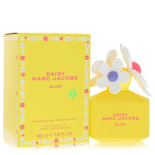 Marc Jacobs Daisy Glow perfume bottle and packaging on a white background