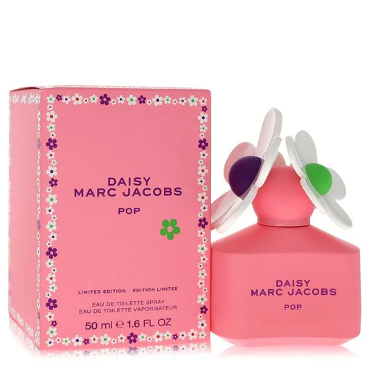 Pink Daisy Marc Jacobs Pop perfume bottle and packaging on a white background