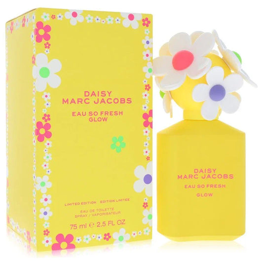 Marc Jacobs Daisy Eau So Fresh Glow perfume bottle and packaging with floral design.
