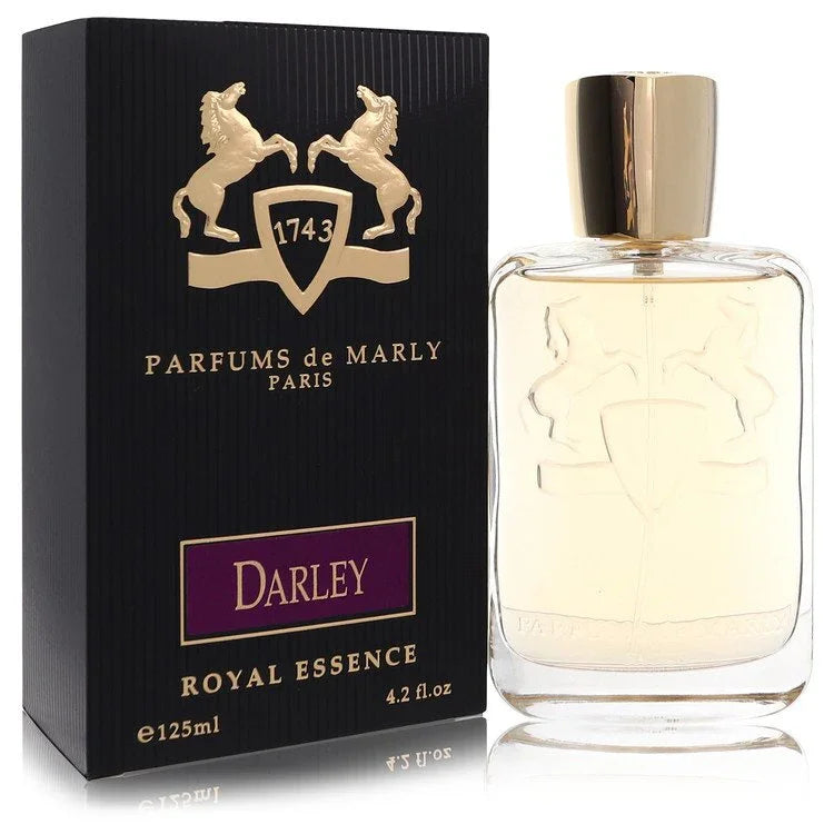 Parfums de Marly Darley Cologne bottle, aromatic woody fragrance with lemon, bergamot, mint, rose, orange blossom, lavender, rosemary, cinnamon, sandalwood, guaiac wood, patchouli, amber, and tonka bean