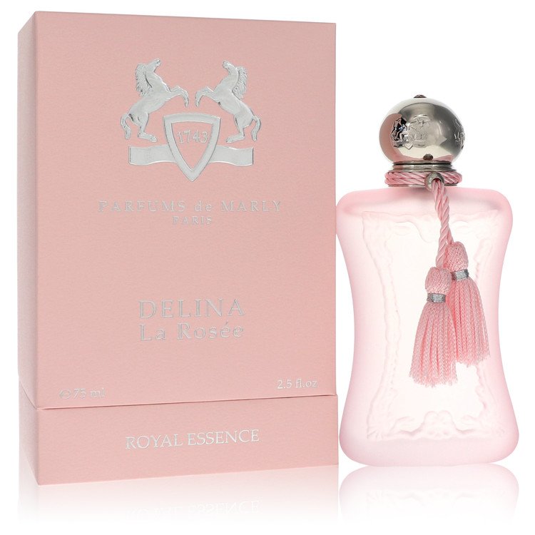 Parfums de Marly Delina La Rosée Eau de Parfum frosted pink glass bottle, an elegant and sophisticated dewy floral-fruity signature niche fragrance.