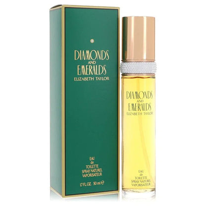 Elizabeth Taylor Diamonds and Emeralds perfume bottle and packaging on a white background