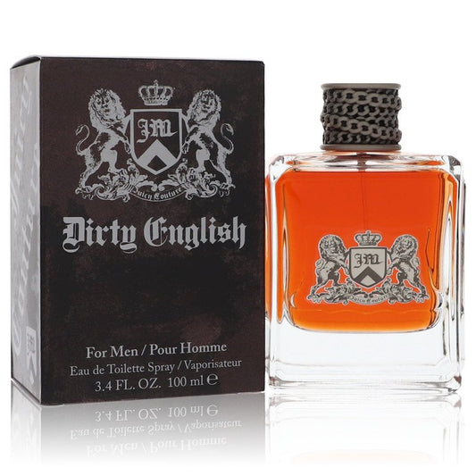 Dirty English cologne bottle for men by Juicy Couture — Rebellious woody spicy oriental fragrance with mandarin, black pepper, cardamom, violet, leather, neroli, amber, oakmoss, and sandalwood notes