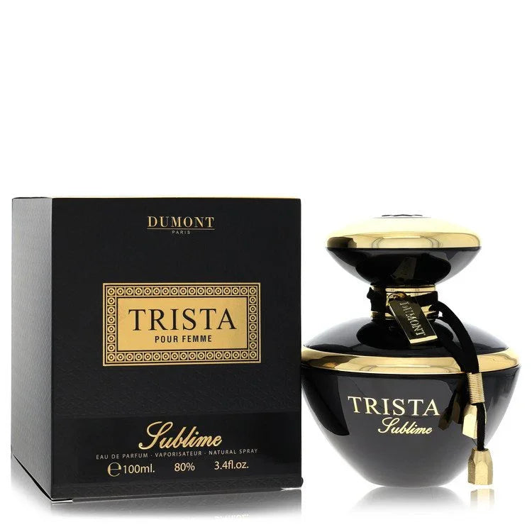 Black and gold Trista perfume bottle and packaging on a white background
