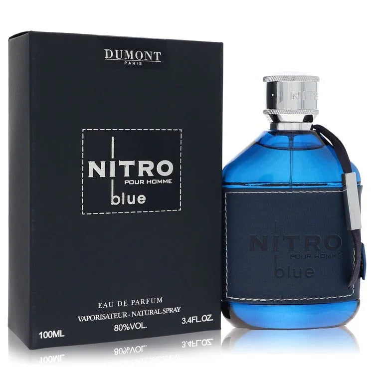 Blue perfume bottle and packaging with 'Dumont' branding on a white background