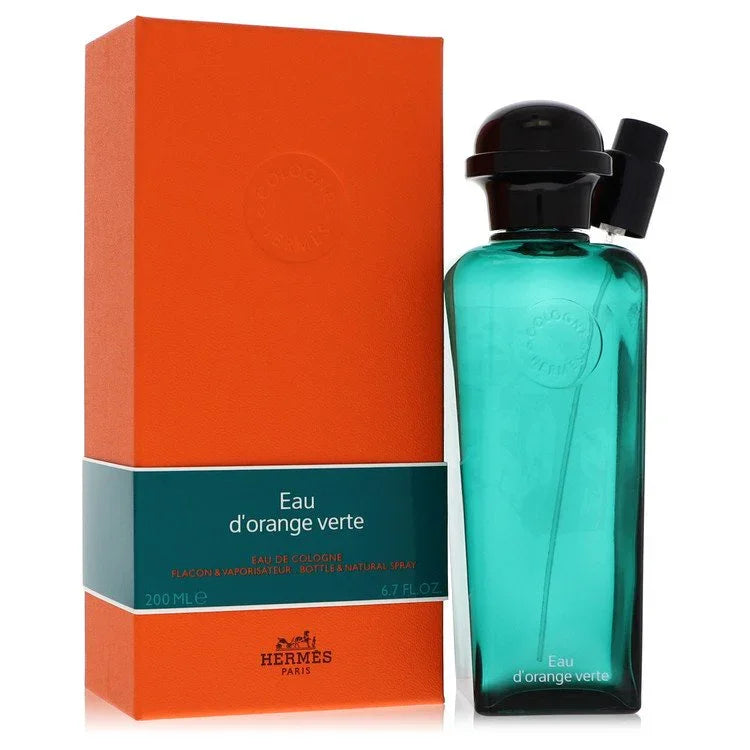 Hermes Eau d'Orange Verte perfume bottle and packaging on a white background