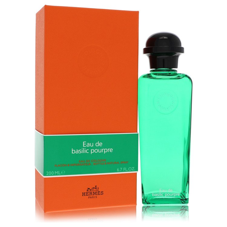 6.7 oz Hermes Eau De Basilic Pourpre Cologne bottle with bergamot, basil, geranium, patchouli and warm spices
