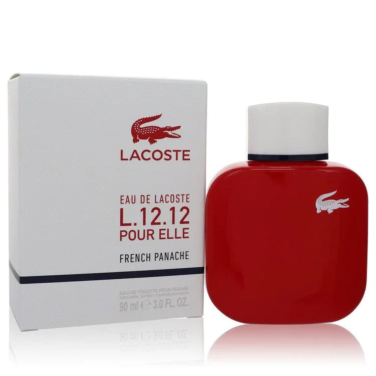 Red Lacoste perfume bottle and packaging on a white background
