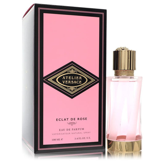 Atelier Versace Eclat de Rose perfume bottle and packaging on a white background