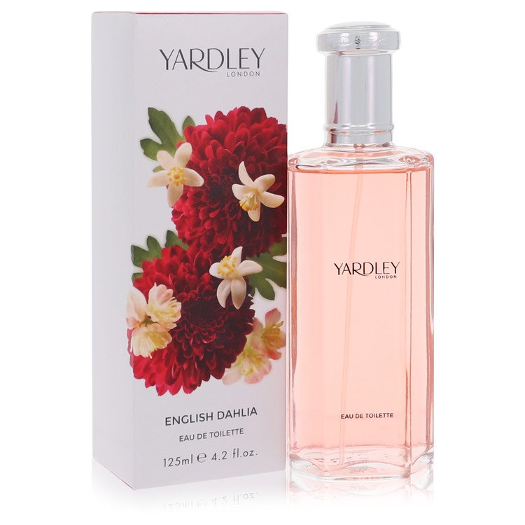 Yardley English Dahlia perfume bottle and packaging on a white background