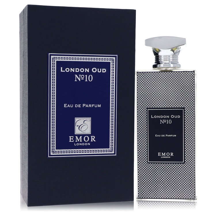 Emor London Oud No. 10 Eau de Parfum bottle with pepper, bergamot, mandarin, juniper, leather, sandalwood, musk and amber