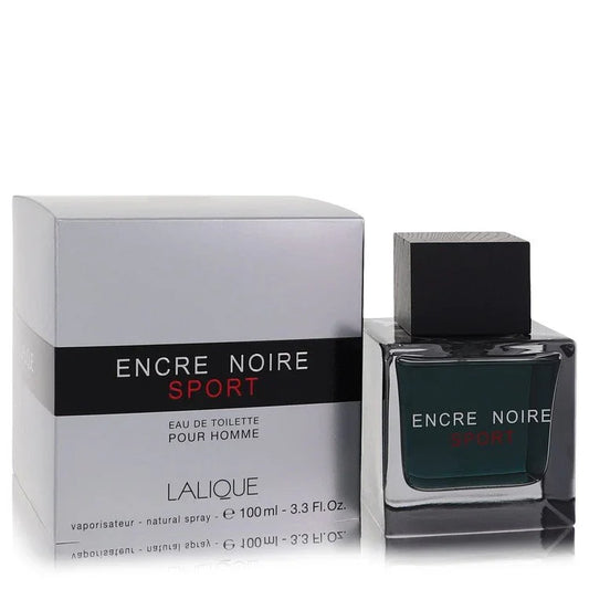 3.3 oz Lalique Encre Noire Sport perfume bottle and packaging on a white background
