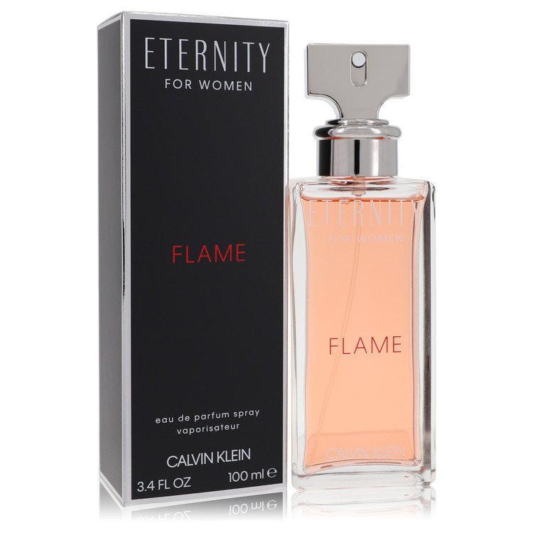 Calvin Klein Eternity Flame perfume bottle - amber floral fragrance with mandarin orange, sweet pea and labdanum
