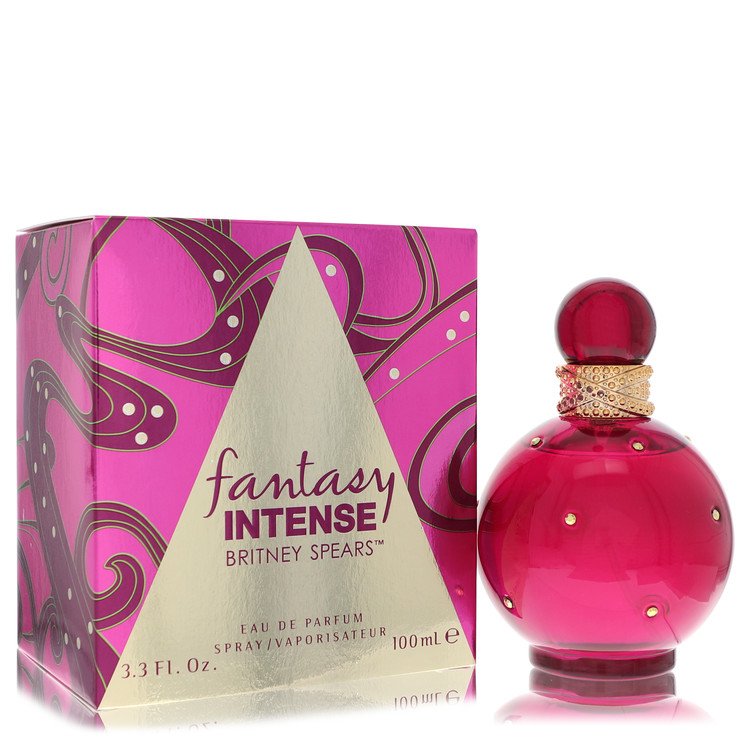 Fantasy Intense perfume bottle for women by Britney Spears — Captivating floral fruity gourmand fragrance with litchi, kiwi, pear, white chocolate, cupcake, jasmine, orchid, patchouli, woodsy notes, orris, and musk notes
