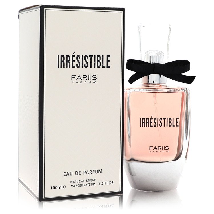 Fariis Irresistible Perfume bottle — floral fruity Eau de Parfum with bergamot, blackcurrant, peach, jasmine, vanilla, musk, and patchouli.