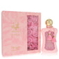 Pink perfume bottle with gold cap and tassel next to a pink box with rose design, featuring the brand 'Fatima'.
