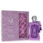 Purple perfume bottle and packaging with roses on a white background
