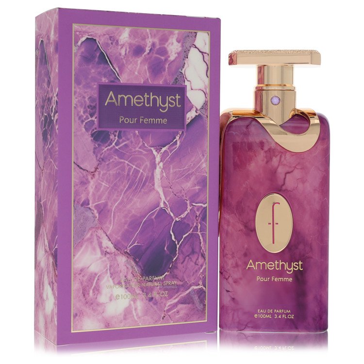 Flavia Amethyst Eau de Parfum purple bottle — floral woody musk unisex fragrance with bergamot, rhubarb, nutmeg, litchi, Turkish rose, peony, cashmeran, vetiver, incense, and cedar
