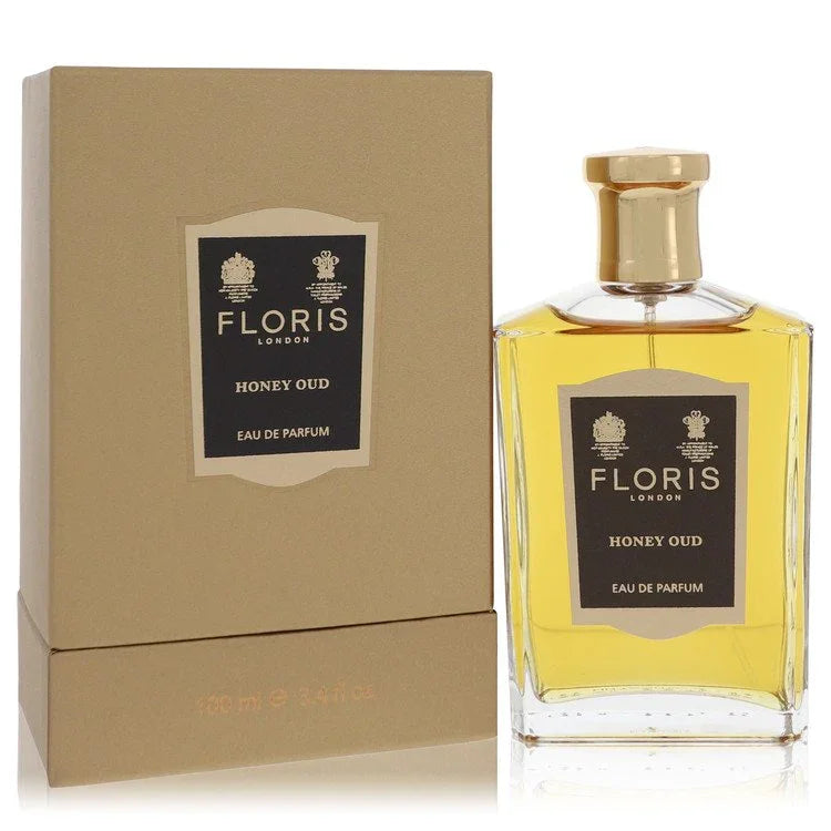Floris Honey Oud Eau de Parfum bottle and packaging on a white background