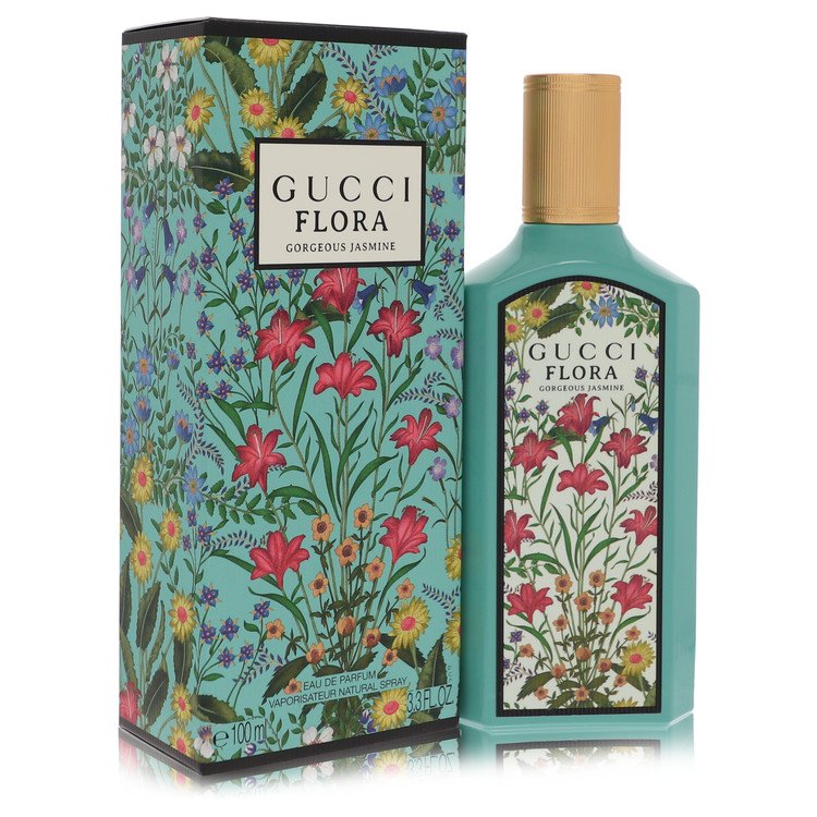 Gucci Flora perfume bottle and packaging with floral design on a white background