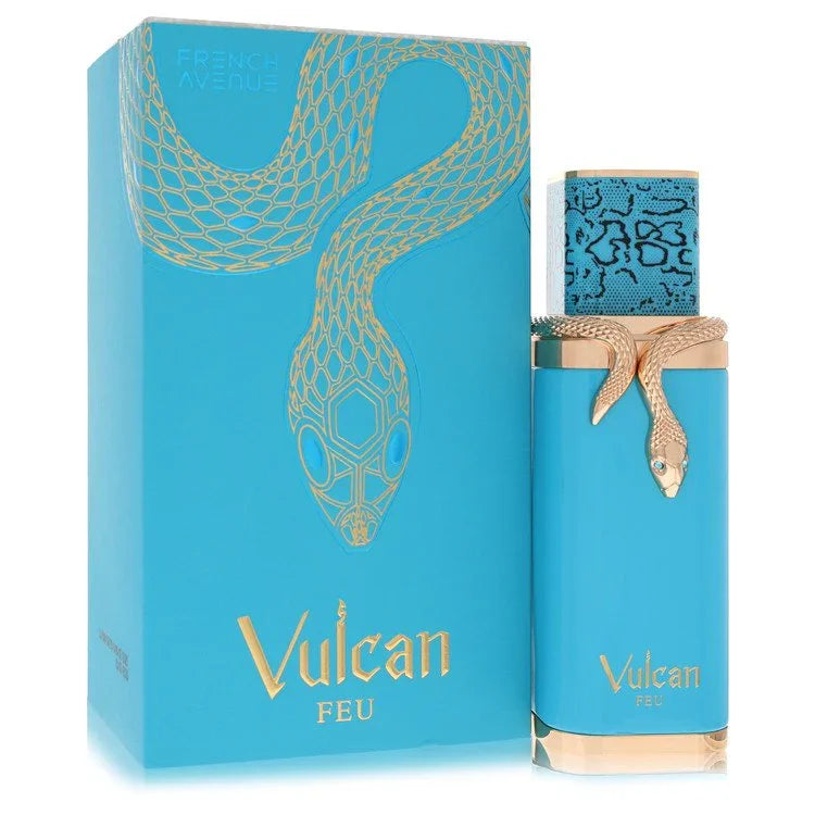 Vulcan Feu perfume bottle and packaging with snake design on a white background