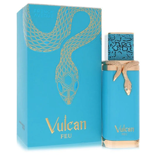 Vulcan Feu perfume bottle and packaging with snake design on a white background