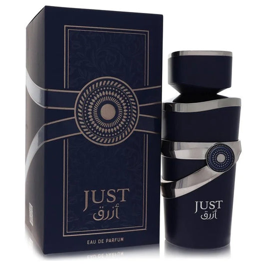 Black and silver perfume bottle with matching packaging on a white background