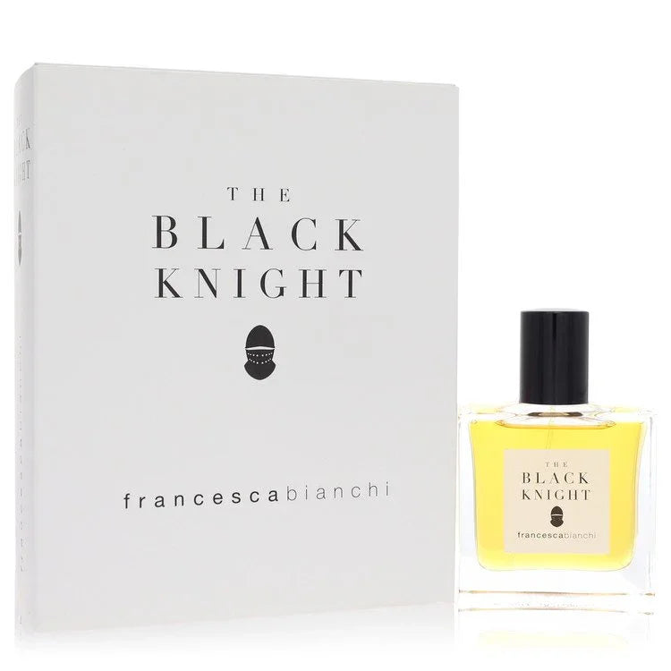 Francesca Bianchi The Black Knight Cologne luxury geometric glass flacon showcasing its deep golden extract contents on a clean backdrop