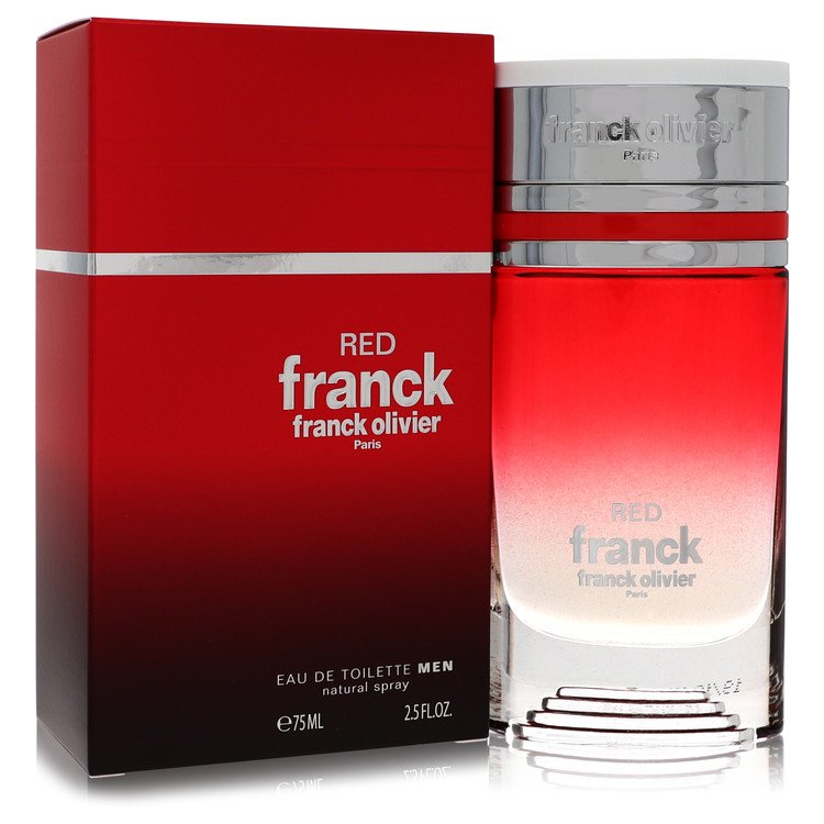 Franck Olivier Red Franck Cologne bottle - men's woody floral musk fragrance with black currant, grapefruit, nutmeg, amber and benzoin
